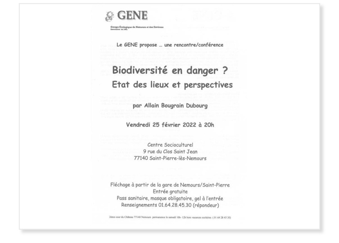 RENCONTRE/CONFERENCE: BIODIVERSITE EN DANGER? ETAT DES LIEUX ET PERSPECTIVES