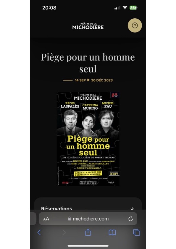 PIEGE POUR UN HOMME SEUL Dimanche 8 octobre 15h30  Théâtre de la Michodière